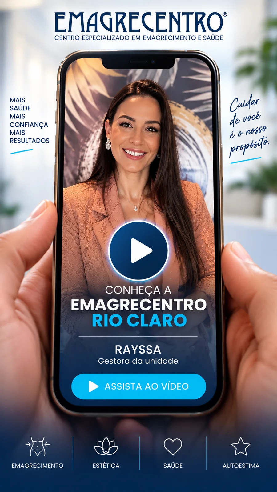Capa do vídeo: Rayssa, gestora da Emagrecentro Franca, convidando a assistir à mensagem da unidade