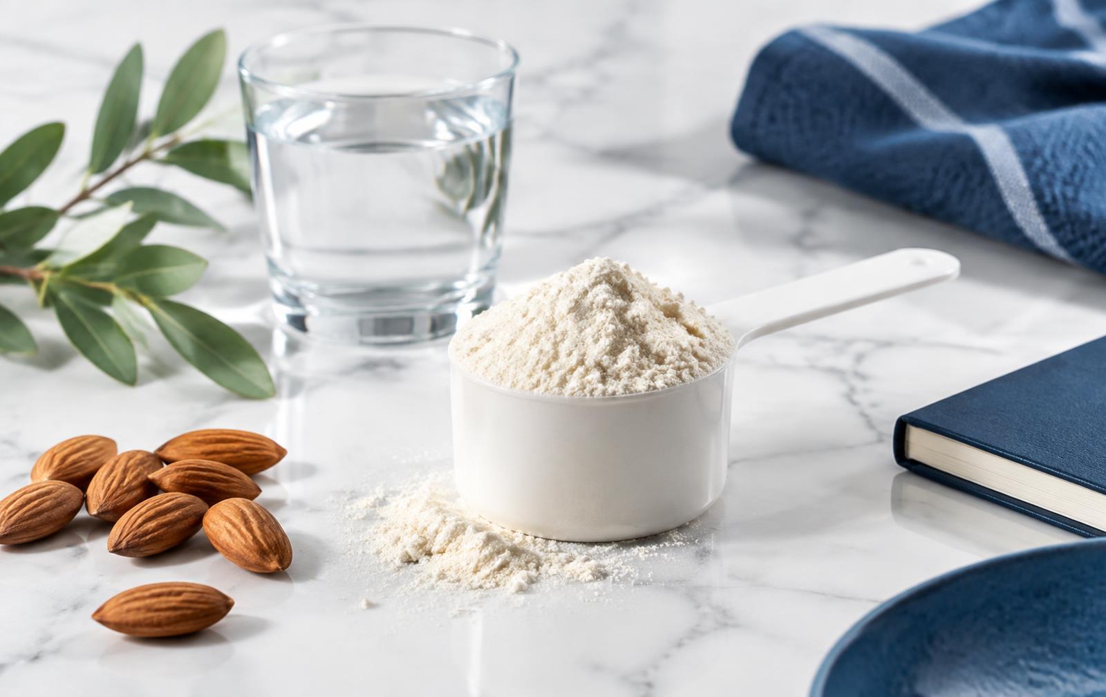 Composição editorial com porção de proteína em pó, água, oleaginosas e caderno sobre superfície clara